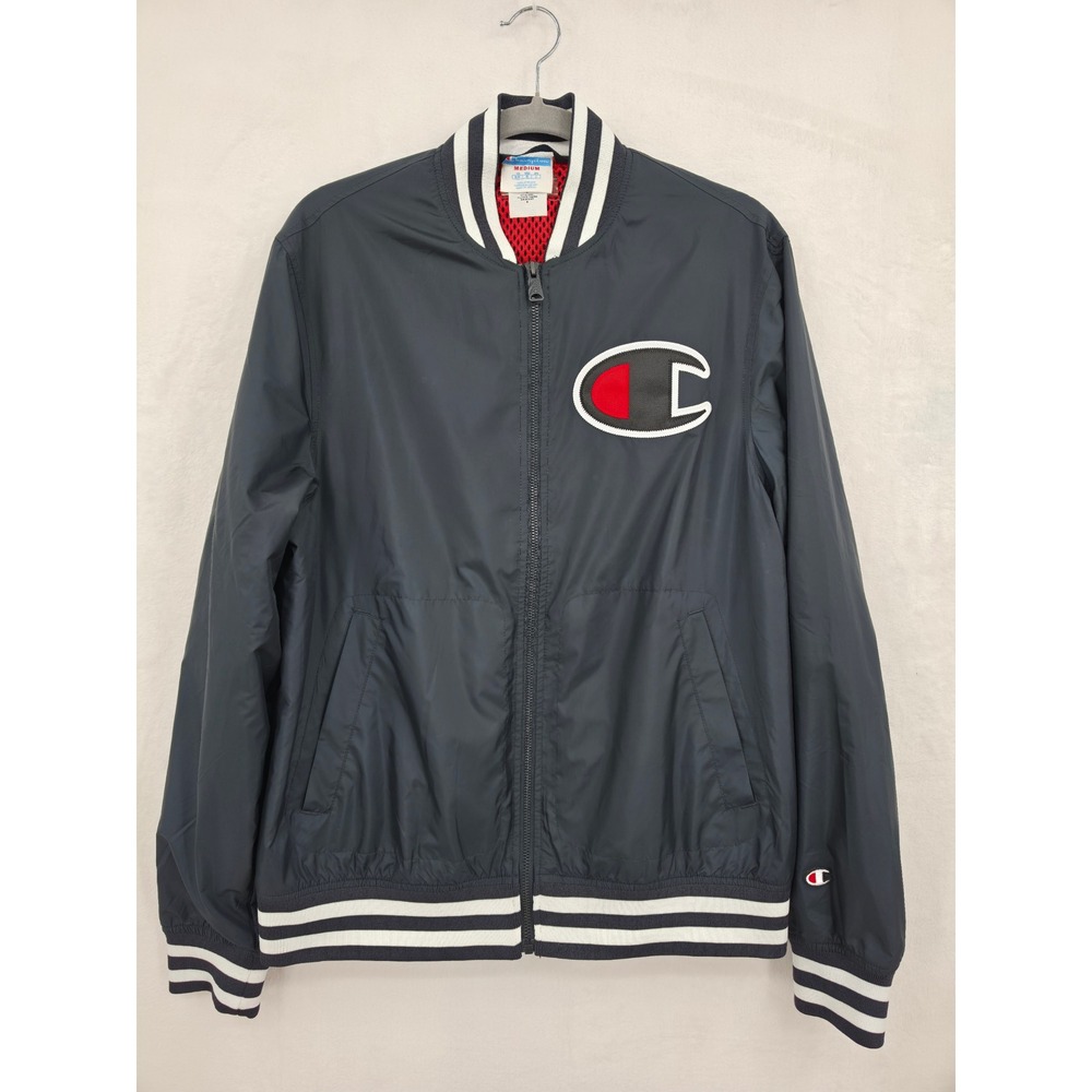Vintage Champion Mens Bomber Jacket Black Full Zip Varsity Spellout Medium Sport